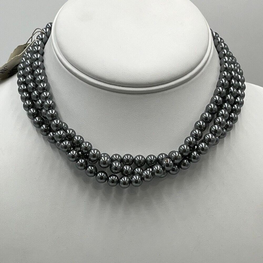 Marvella Monet Gray 3 Strand Faux Pearl Silver Tone Crystal Clasp Necklace New